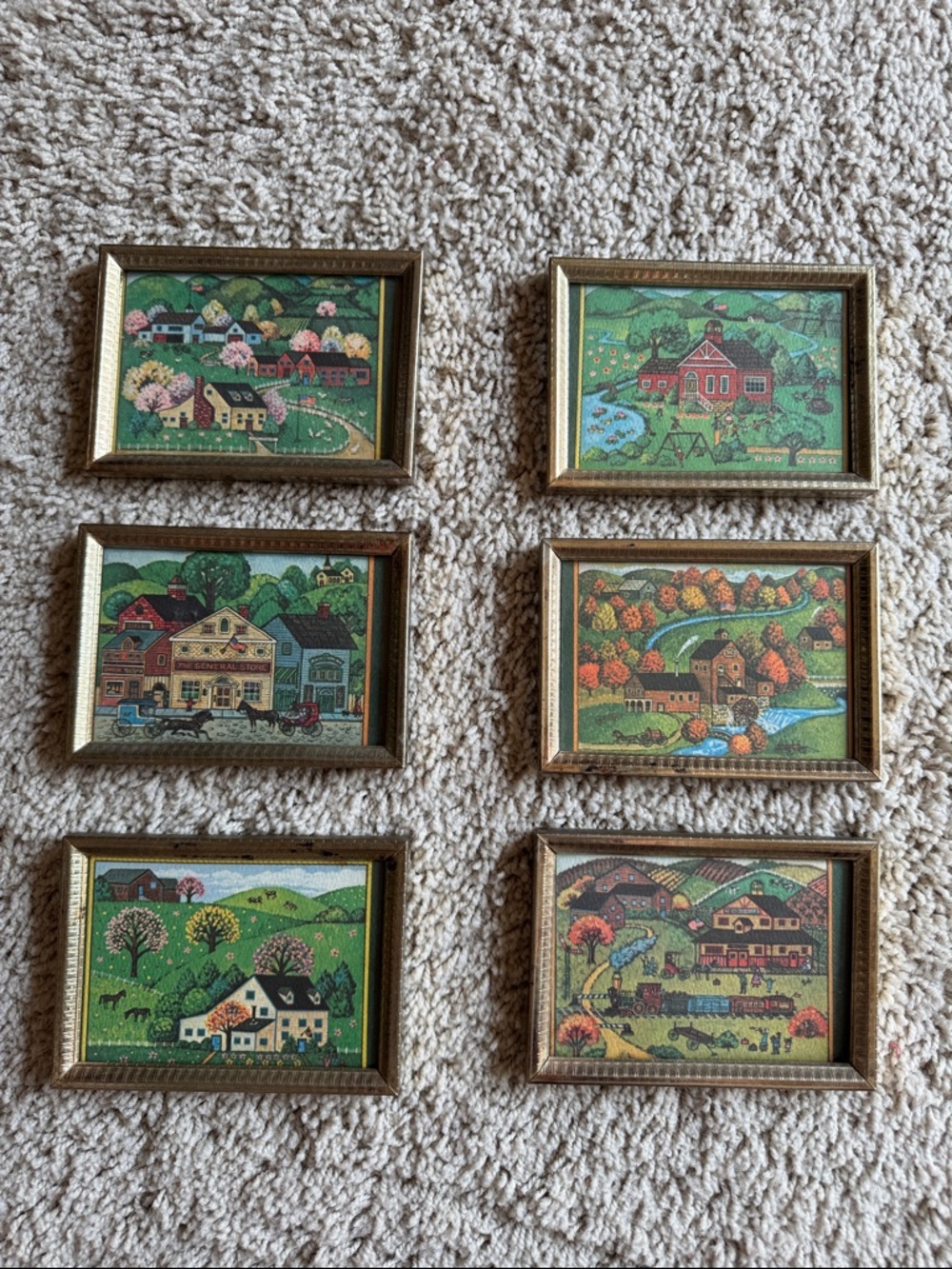 Set of 6 Green Folk Art Home Prints/cards in Gold Frames - Picture 2 of 15